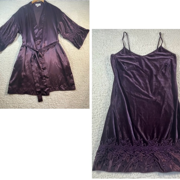 Dentelle Vintage Plum Satin & Velvet Robe + Matching Nightgown Set Romantic Luxe